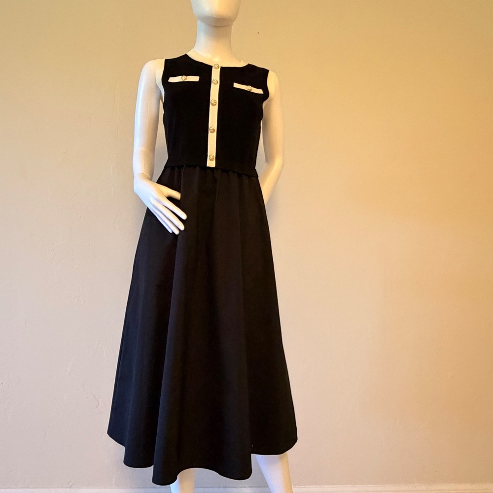 NWT Goelia Women's Black Knit Mixed Media Midi Dress Gold Buttons Sleeveless S